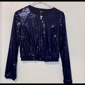 Size 8 H&M Blue Sequined “Disco” Bomber Jacket